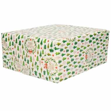 1x rollen kerst cadeaupapier/inpakpapier wit met kleine kerstbooms print 200 x 70 cm