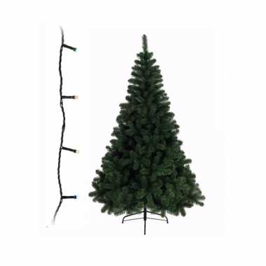 Groene kleine kunst kerstboom 210 cm inclusief gekleurde kerstverlichting