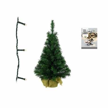 Groene kleine kunst kerstboom 90 cm inclusief warm witte kerstverlichting