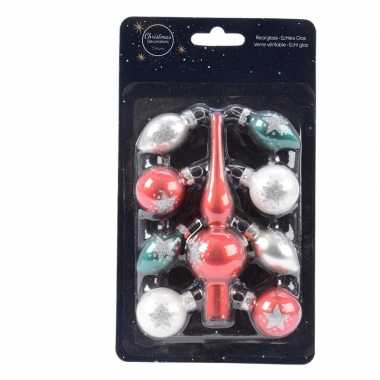 Kerstballen en piek set voor kleine kerstboom groen/rood/wit