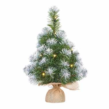 Kleine kleine kunst kerstboom/kunstboom in jute zak met verlichting en sneeuw 45 cm