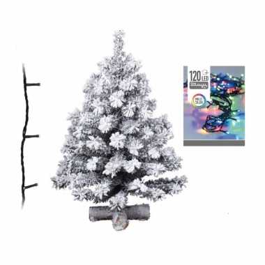 Kleine kunst kerstboom met sneeuw 90 cm inclusief helder witte kerstverlichting