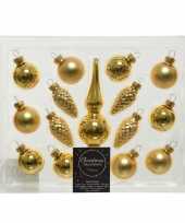 Gouden glazen kerstballen en piek set voor kleine kerstboom 15 dlg