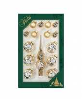 Luxe gouden glazen kerstballen en piek set voor kleine kerstboom 16 dlg