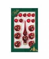 Luxe rode glazen kerstballen en piek set voor kleine kerstboom 16 dlg